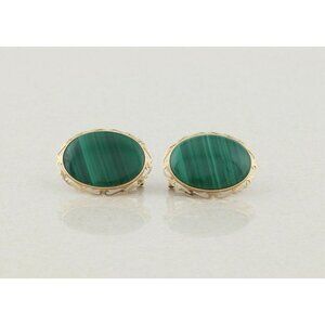 14k Yellow Gold Large Malachite Earrings Omega Backs